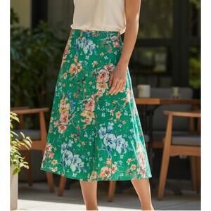 LOFT Green Floral Front Slit Midi Skirt // 0